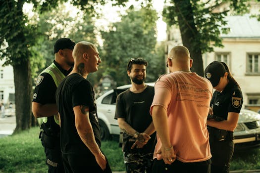 A group of people casually interacting with police officers in a park setting in Lviv, Ukraine.